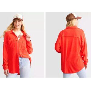 BKE Oversized Brushed Rib Knit Boyfriend Button-Up Shirt | Poppy Red | Medium